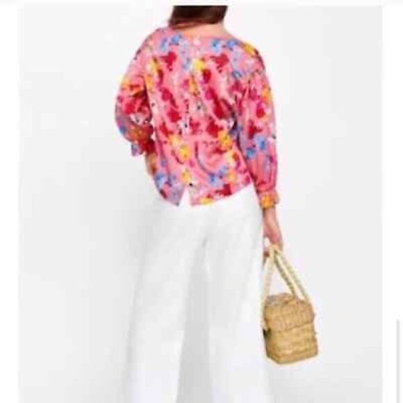 Zara Pink Floral Print Blouse with Elastic Cuffs Size Small - Picture 12 of 14